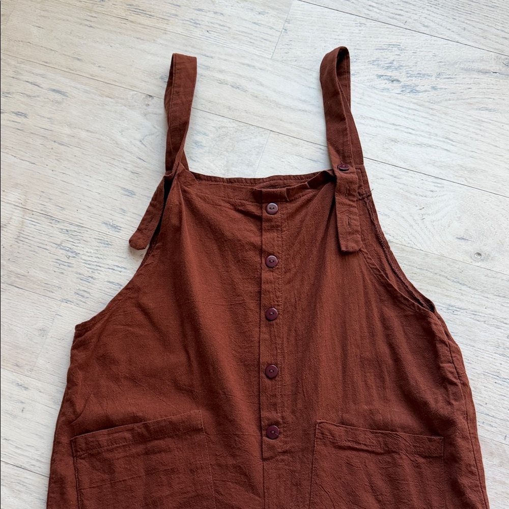 Rust Brown Button-Front Linen Blend Overalls - image 2